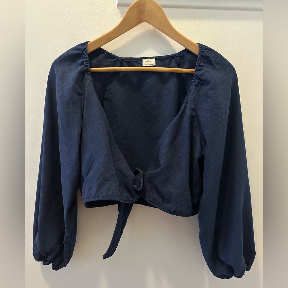 Aritzia Wilfred Venus Tenley Navy Linen Blend Crop Front Tie Top Shirt (M/L)